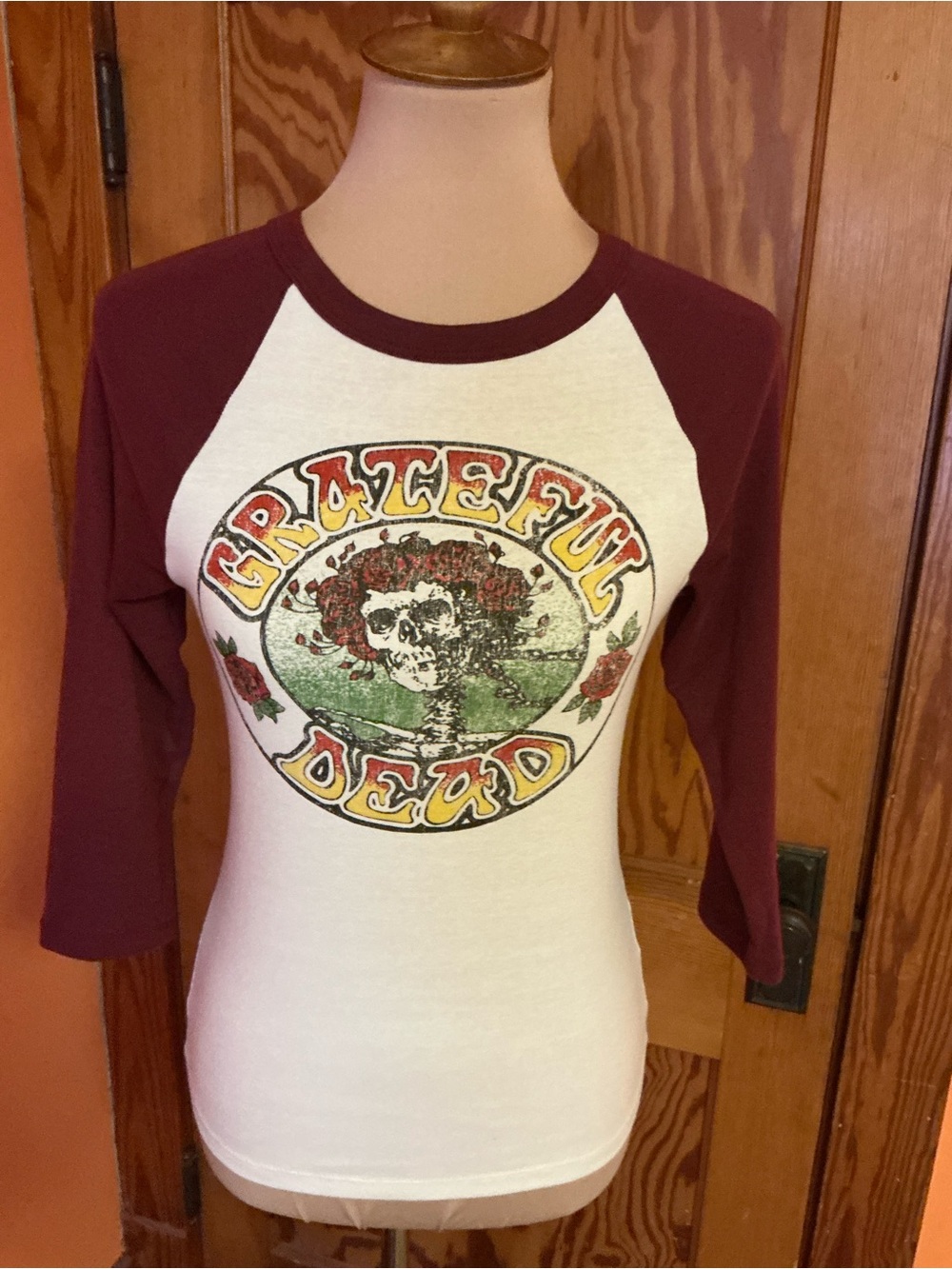 Grateful Dead Dancing Skeleton Roses Raglan Baseball Tee Shirt M Burgundy - Picture 5 of 7